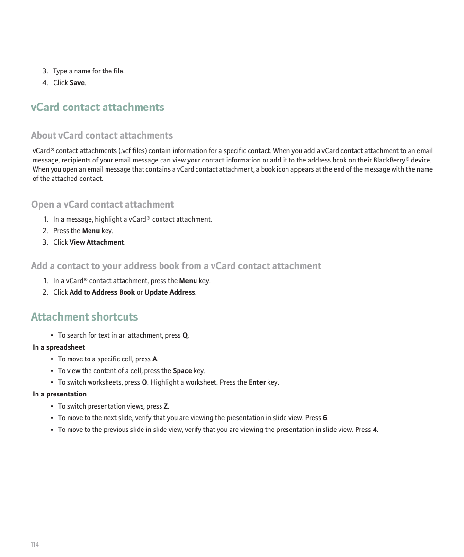 Vcard contact attachments, Attachment shortcuts, About vcard contact attachments | Open a vcard contact attachment | Blackberry Pearl 8100 User Manual | Page 116 / 283