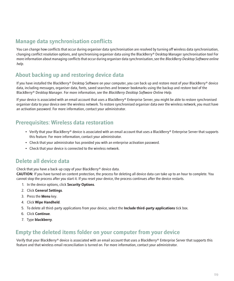 Manage data synchronisation conflicts, About backing up and restoring device data, Prerequisites: wireless data restoration | Delete all device data | Blackberry Pearl 8100 User Manual | Page 121 / 283
