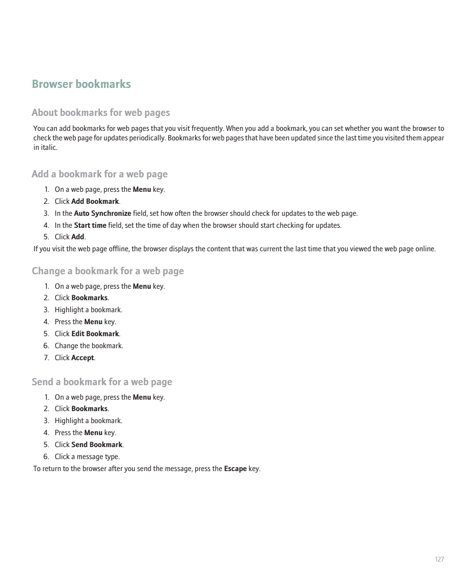 Browser bookmarks, About bookmarks for web pages, Add a bookmark for a web page | Change a bookmark for a web page, Send a bookmark for a web page | Blackberry Pearl 8100 User Manual | Page 129 / 283