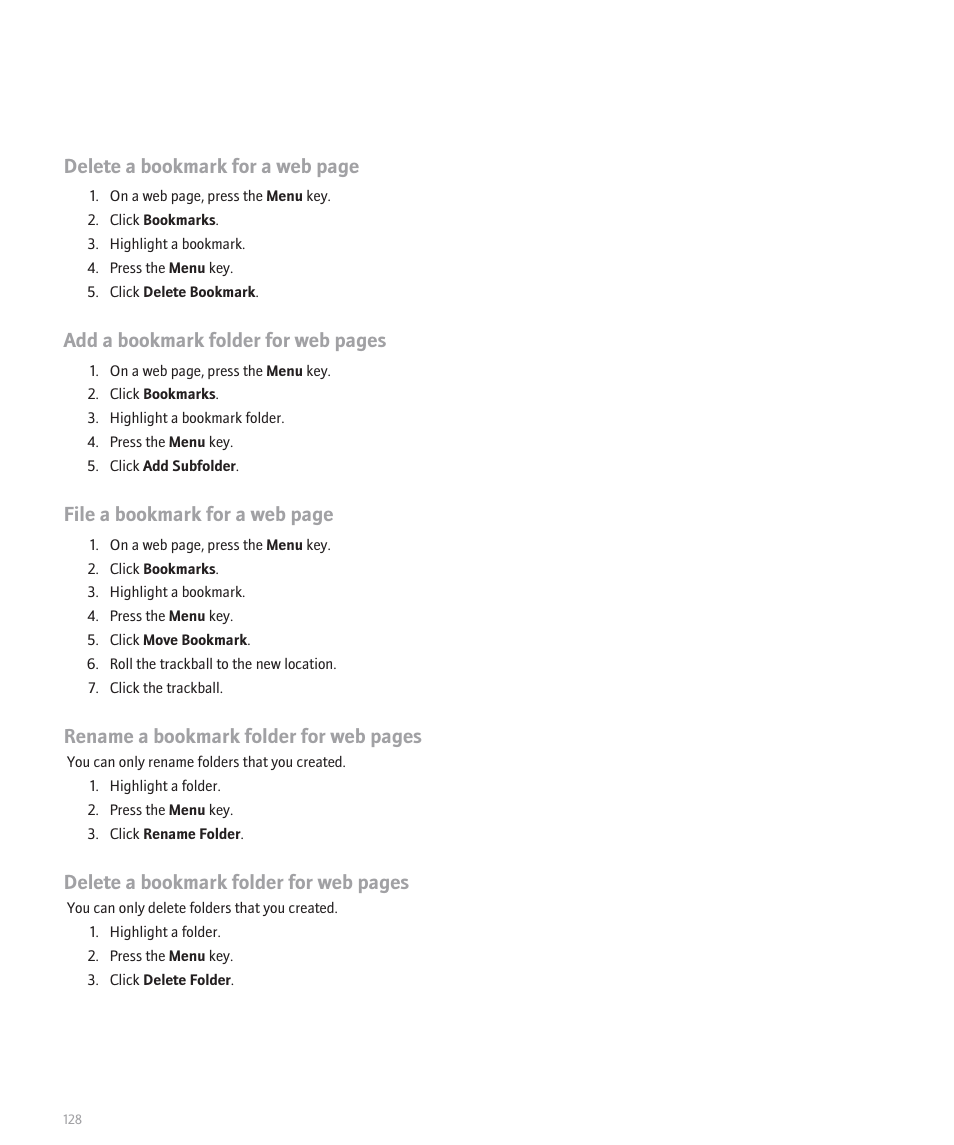 Delete a bookmark for a web page, Add a bookmark folder for web pages, File a bookmark for a web page | Rename a bookmark folder for web pages, Delete a bookmark folder for web pages | Blackberry Pearl 8100 User Manual | Page 130 / 283