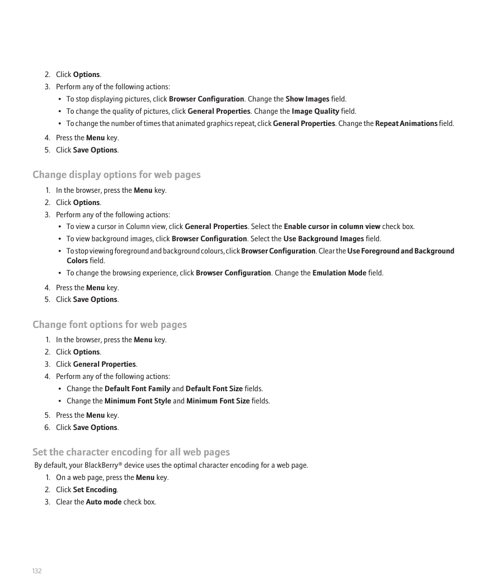 Change display options for web pages, Change font options for web pages, Set the character encoding for all web pages | Blackberry Pearl 8100 User Manual | Page 134 / 283