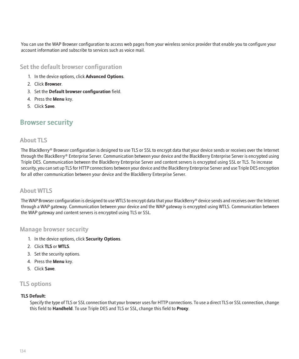 Browser security, Set the default browser configuration, About tls | About wtls, Manage browser security, Tls options | Blackberry Pearl 8100 User Manual | Page 136 / 283