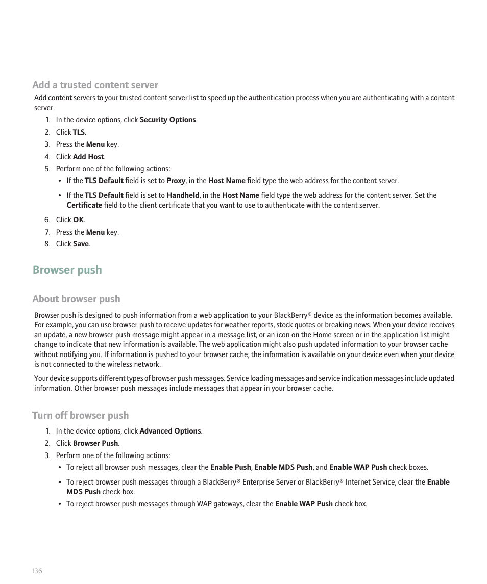 Browser push, Add a trusted content server, About browser push | Turn off browser push | Blackberry Pearl 8100 User Manual | Page 138 / 283