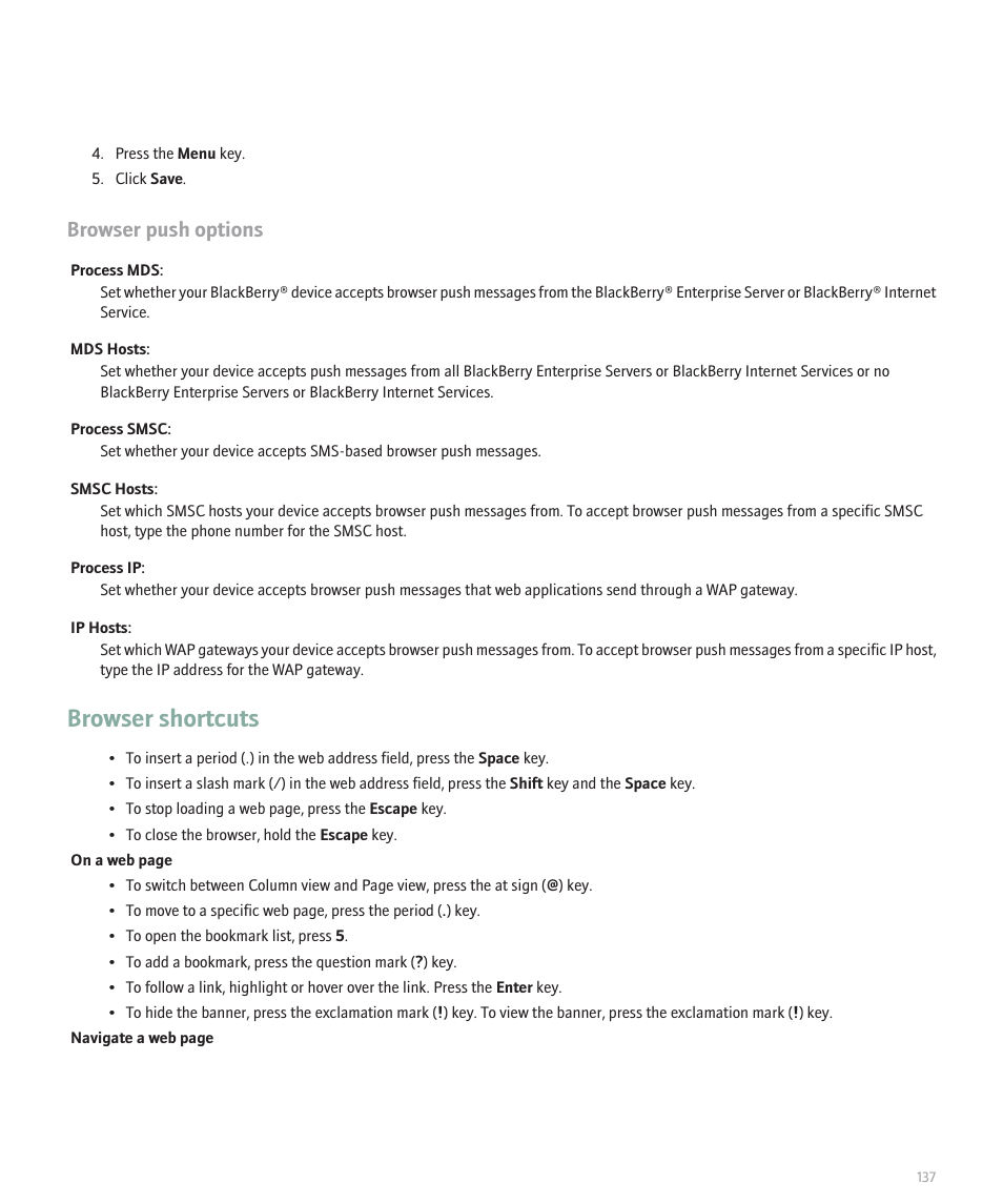 Browser shortcuts, Browser push options | Blackberry Pearl 8100 User Manual | Page 139 / 283
