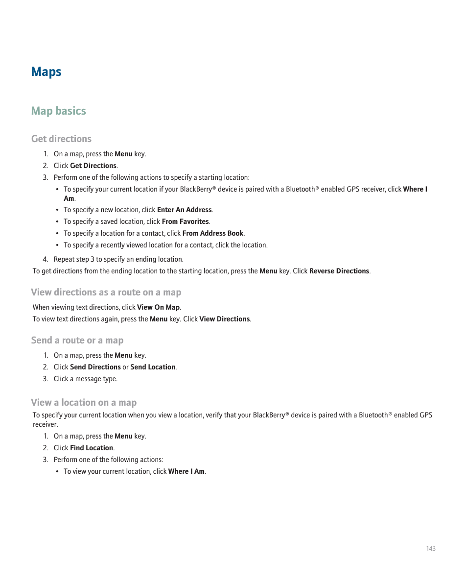 Maps, Map basics, Get directions | View directions as a route on a map, Send a route or a map, View a location on a map | Blackberry Pearl 8100 User Manual | Page 145 / 283