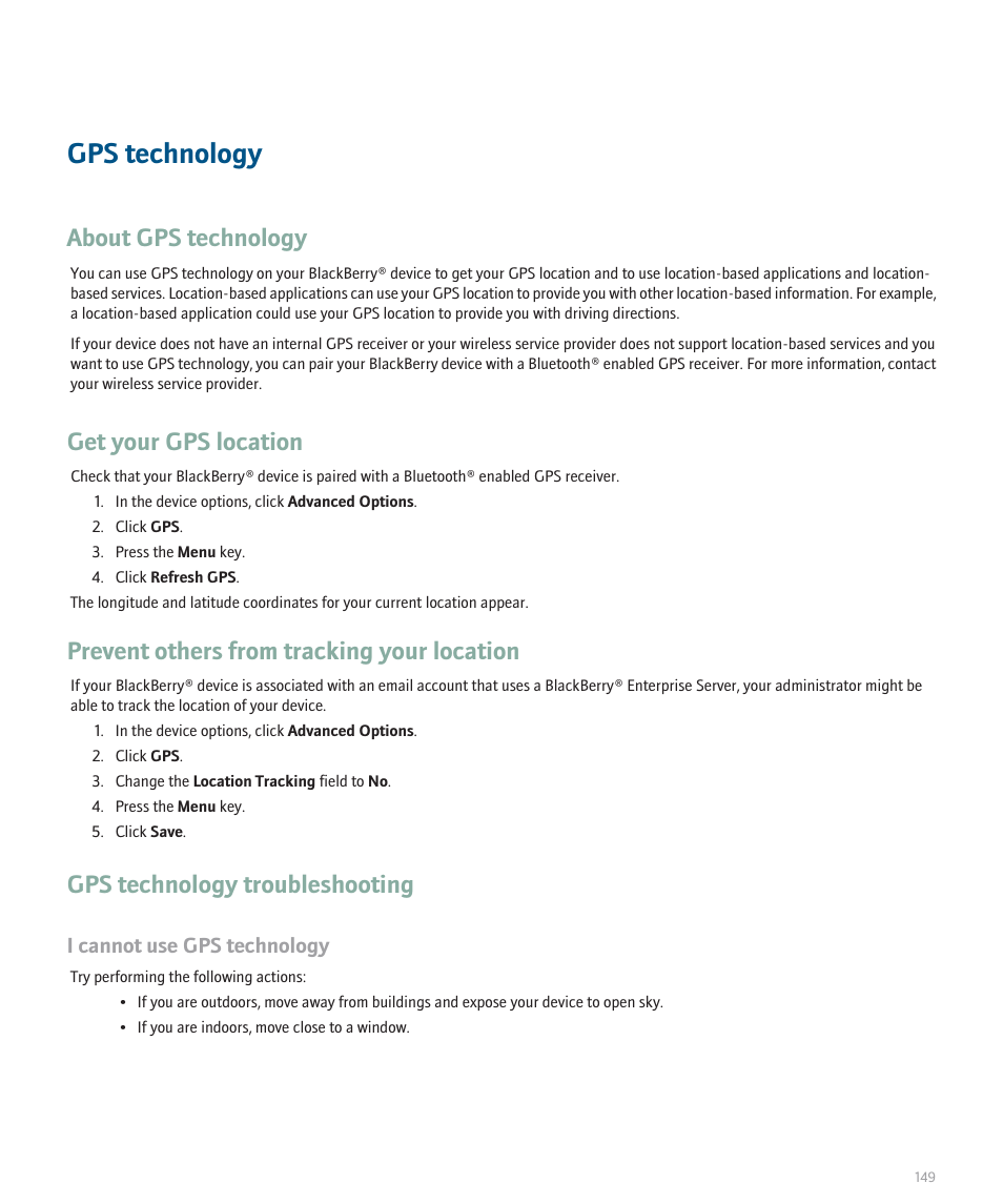 Gps technology, About gps technology, Get your gps location | Prevent others from tracking your location, Gps technology troubleshooting | Blackberry Pearl 8100 User Manual | Page 151 / 283