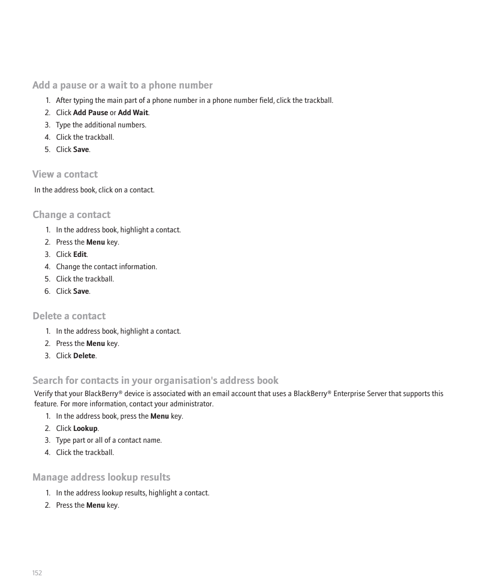 Add a pause or a wait to a phone number, View a contact, Change a contact | Delete a contact, Manage address lookup results | Blackberry Pearl 8100 User Manual | Page 154 / 283