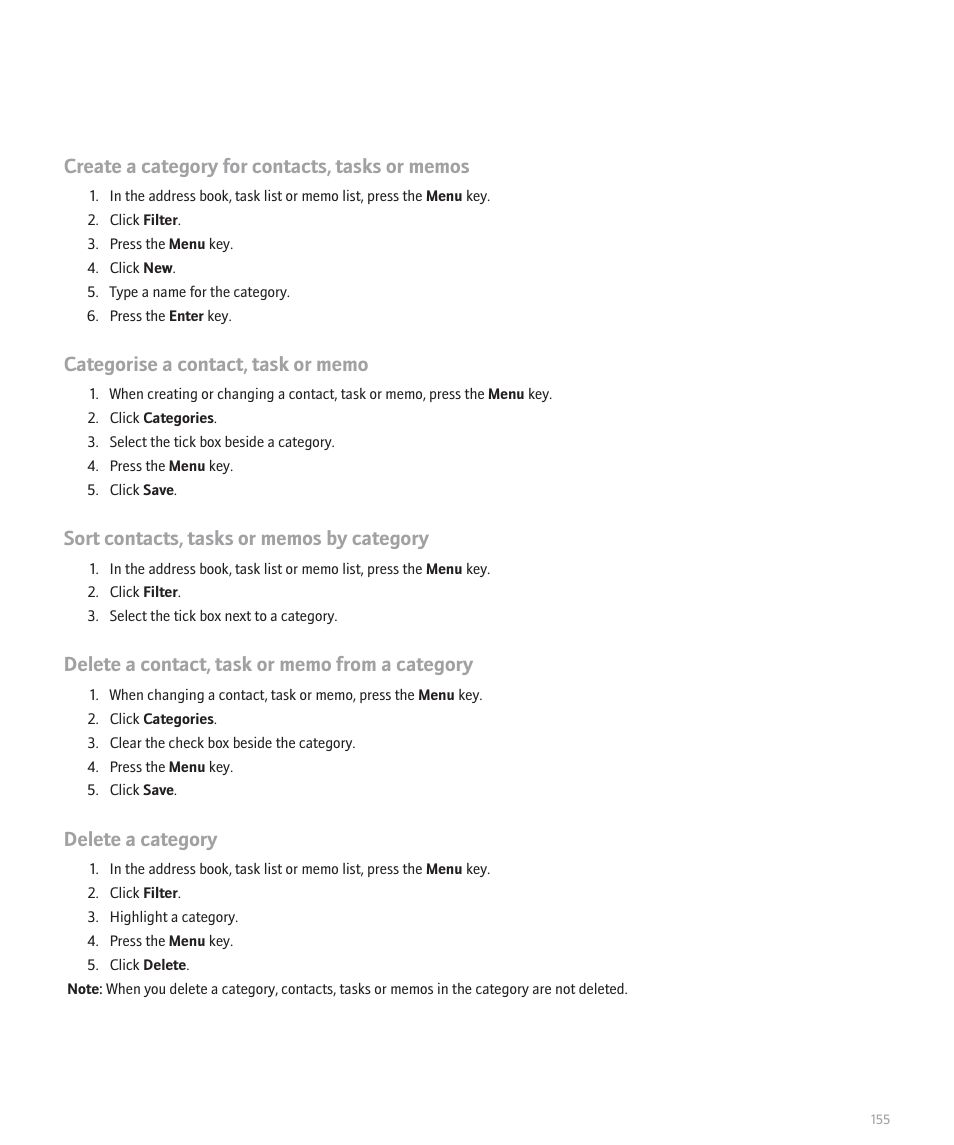 Delete a category | Blackberry Pearl 8100 User Manual | Page 157 / 283