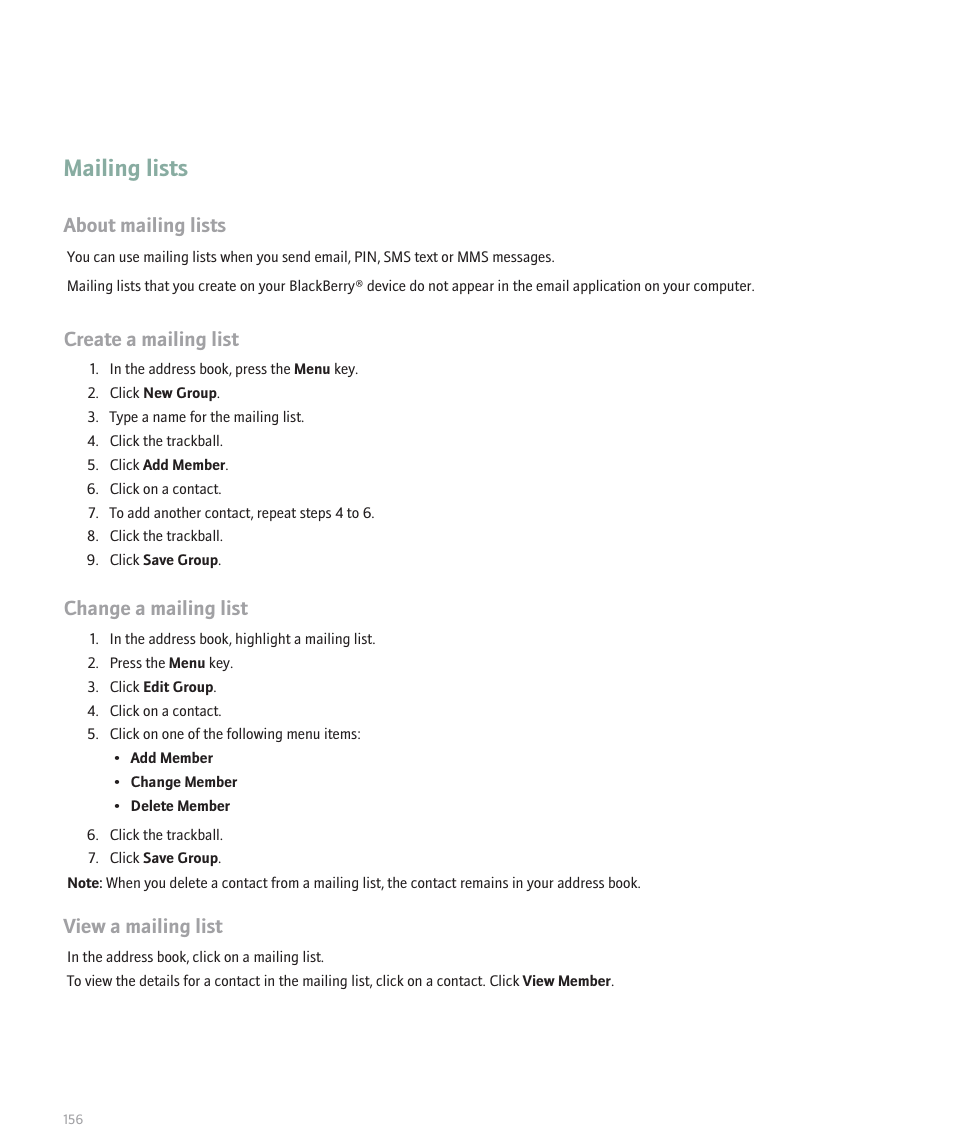 Mailing lists, About mailing lists, Create a mailing list | Change a mailing list, View a mailing list | Blackberry Pearl 8100 User Manual | Page 158 / 283