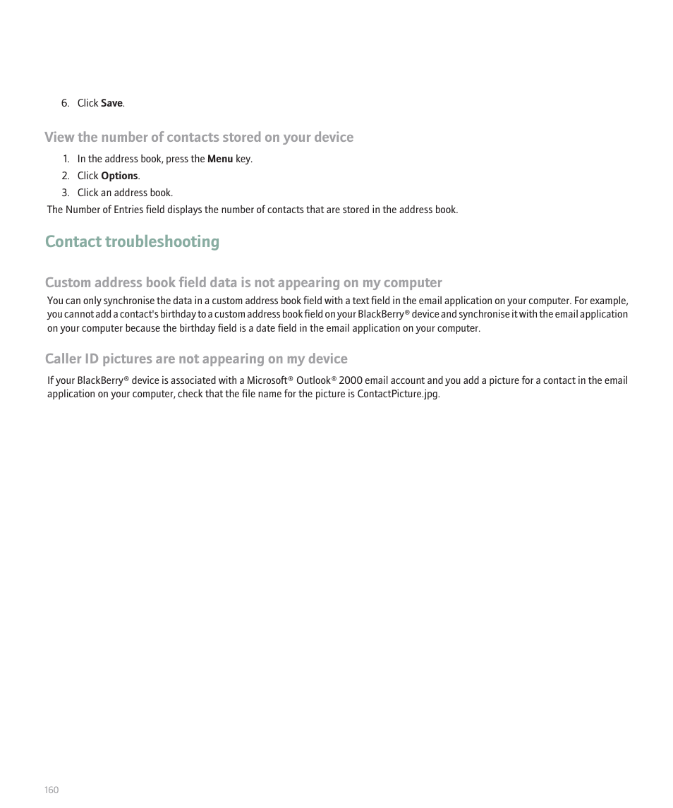 Contact troubleshooting, View the number of contacts stored on your device, Caller id pictures are not appearing on my device | Blackberry Pearl 8100 User Manual | Page 162 / 283
