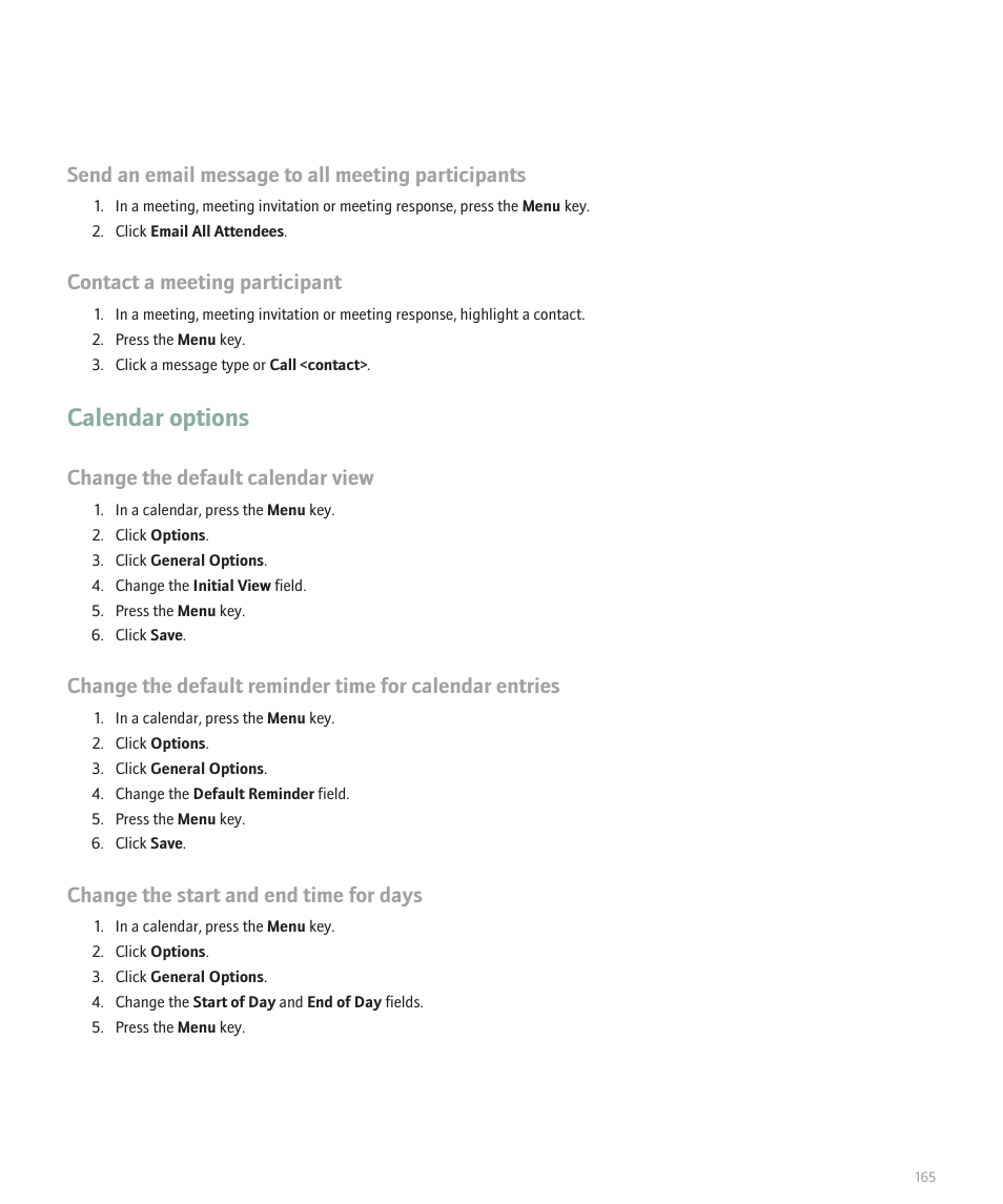 Calendar options, Send an email message to all meeting participants, Contact a meeting participant | Change the default calendar view, Change the start and end time for days | Blackberry Pearl 8100 User Manual | Page 167 / 283