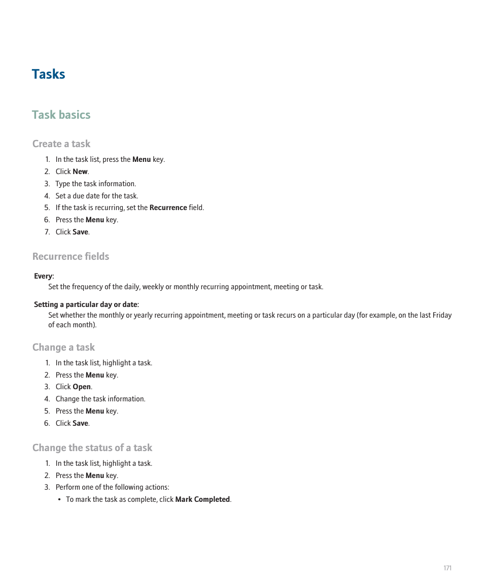 Tasks, Task basics, Create a task | Recurrence fields, Change a task, Change the status of a task | Blackberry Pearl 8100 User Manual | Page 173 / 283