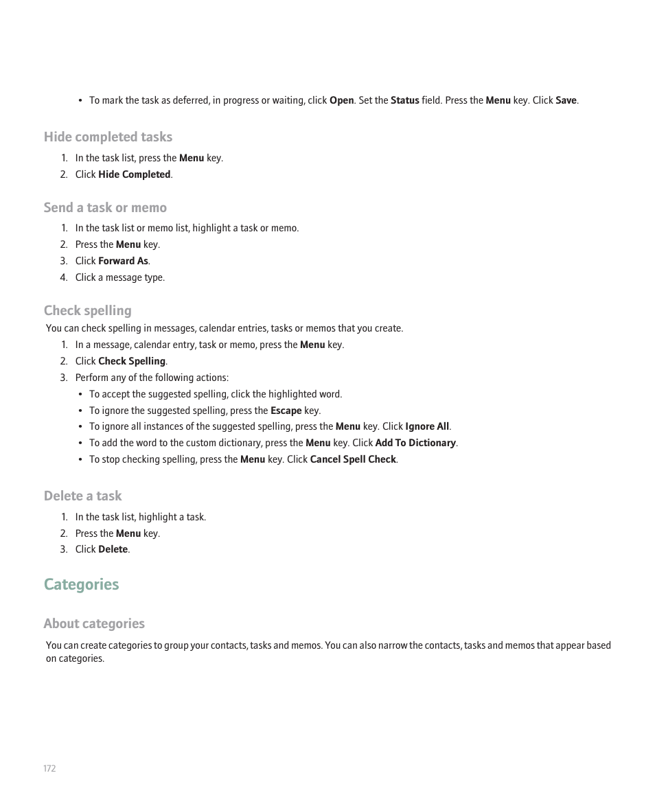 Categories, Hide completed tasks, Check spelling | Delete a task, About categories | Blackberry Pearl 8100 User Manual | Page 174 / 283