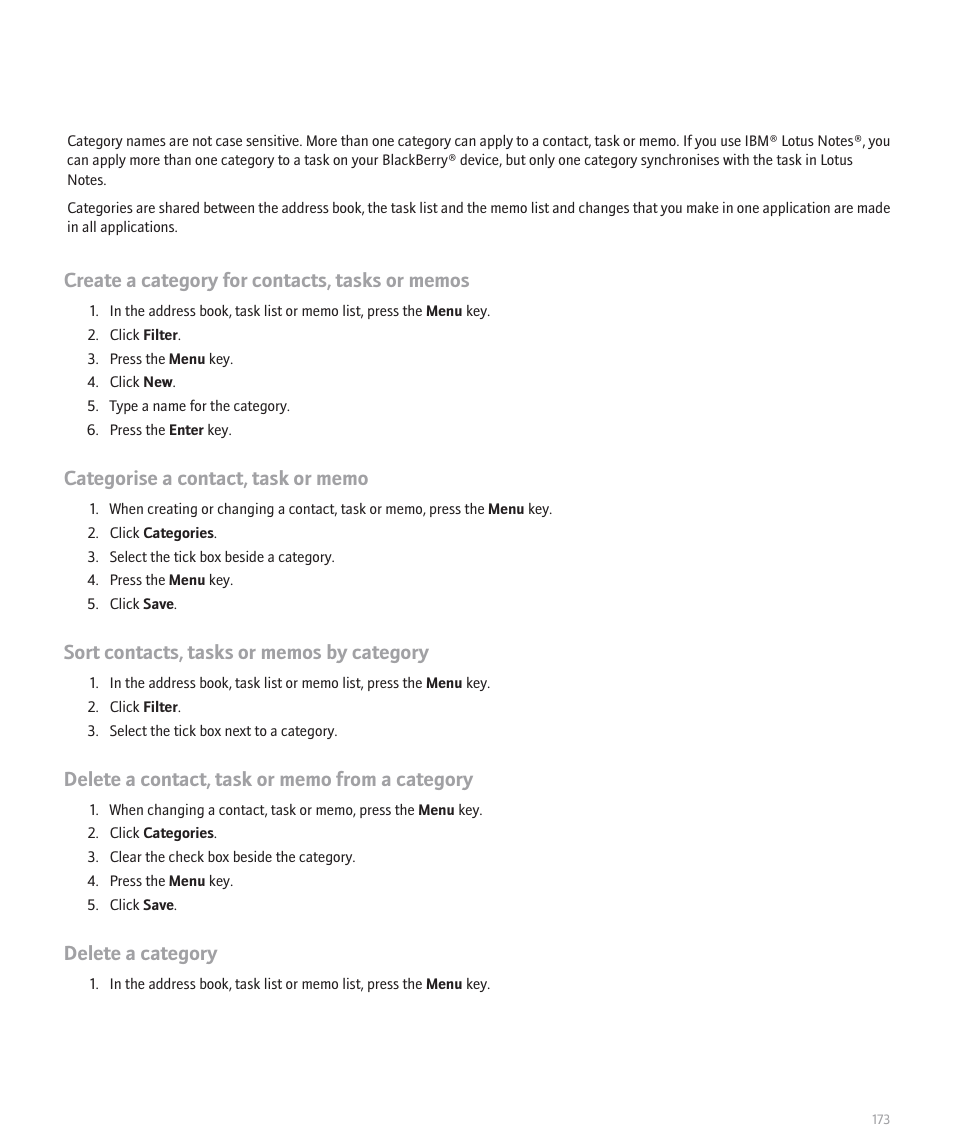 Delete a category | Blackberry Pearl 8100 User Manual | Page 175 / 283