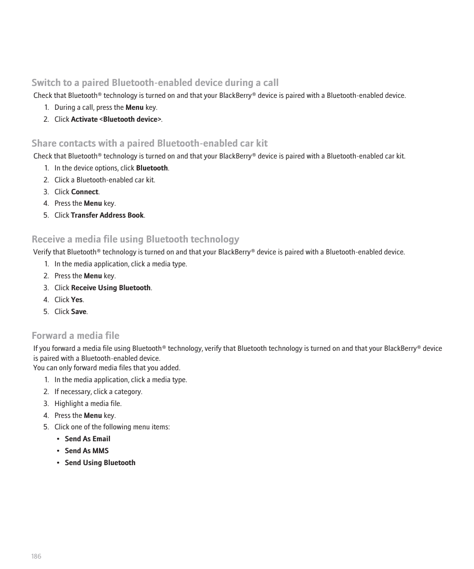 Receive a media file using bluetooth technology, Forward a media file | Blackberry Pearl 8100 User Manual | Page 188 / 283