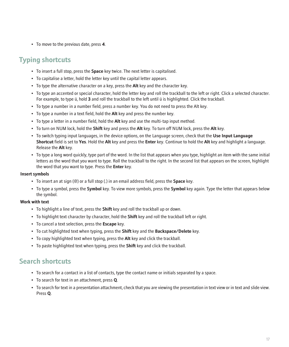 Typing shortcuts, Search shortcuts | Blackberry Pearl 8100 User Manual | Page 19 / 283