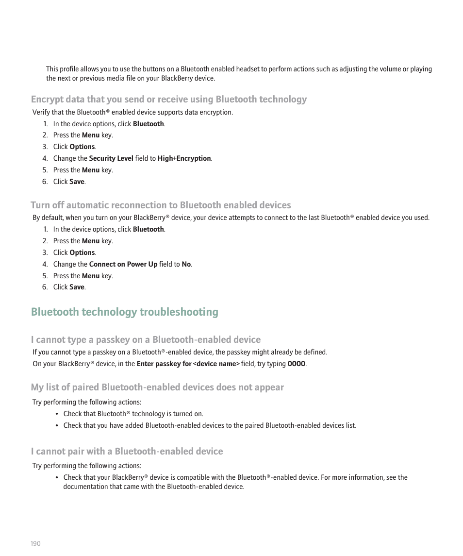 Bluetooth technology troubleshooting, I cannot pair with a bluetooth-enabled device | Blackberry Pearl 8100 User Manual | Page 192 / 283