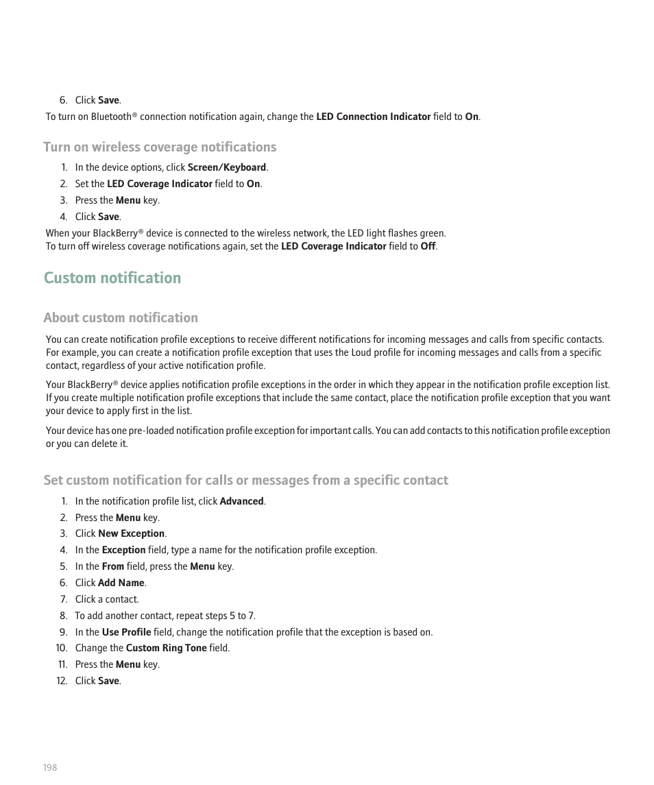 Custom notification, Turn on wireless coverage notifications, About custom notification | Blackberry Pearl 8100 User Manual | Page 200 / 283