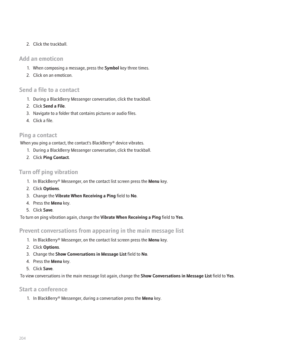 Add an emoticon, Send a file to a contact, Ping a contact | Turn off ping vibration, Start a conference | Blackberry Pearl 8100 User Manual | Page 206 / 283