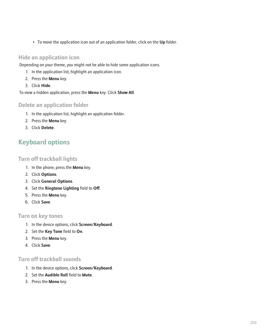 Keyboard options, Hide an application icon, Delete an application folder | Turn off trackball lights, Turn on key tones, Turn off trackball sounds | Blackberry Pearl 8100 User Manual | Page 211 / 283