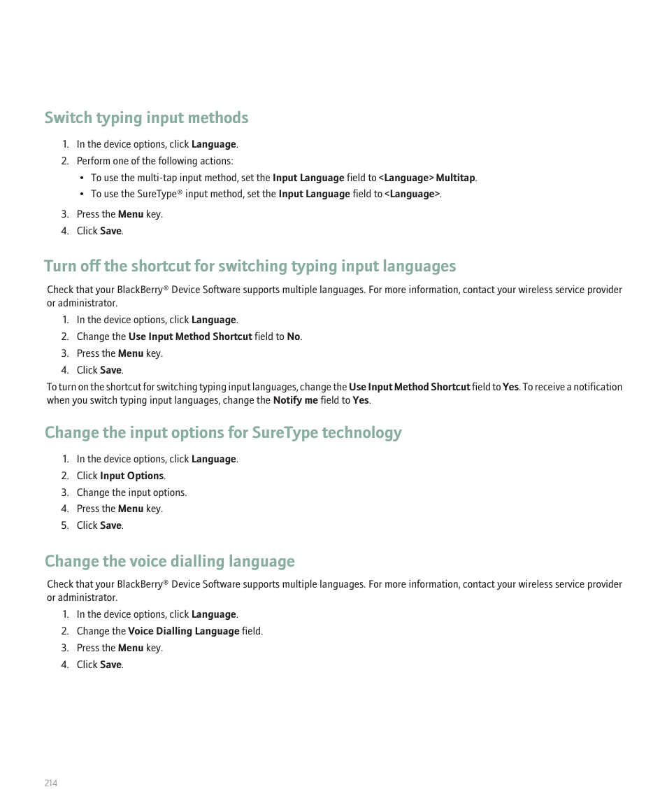 Switch typing input methods, Change the input options for suretype technology, Change the voice dialling language | Blackberry Pearl 8100 User Manual | Page 216 / 283