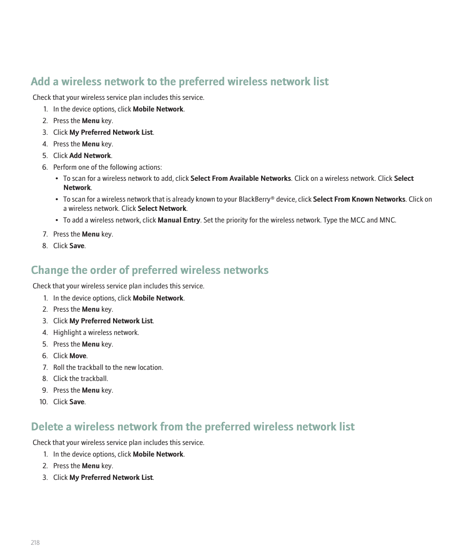 Change the order of preferred wireless networks | Blackberry Pearl 8100 User Manual | Page 220 / 283