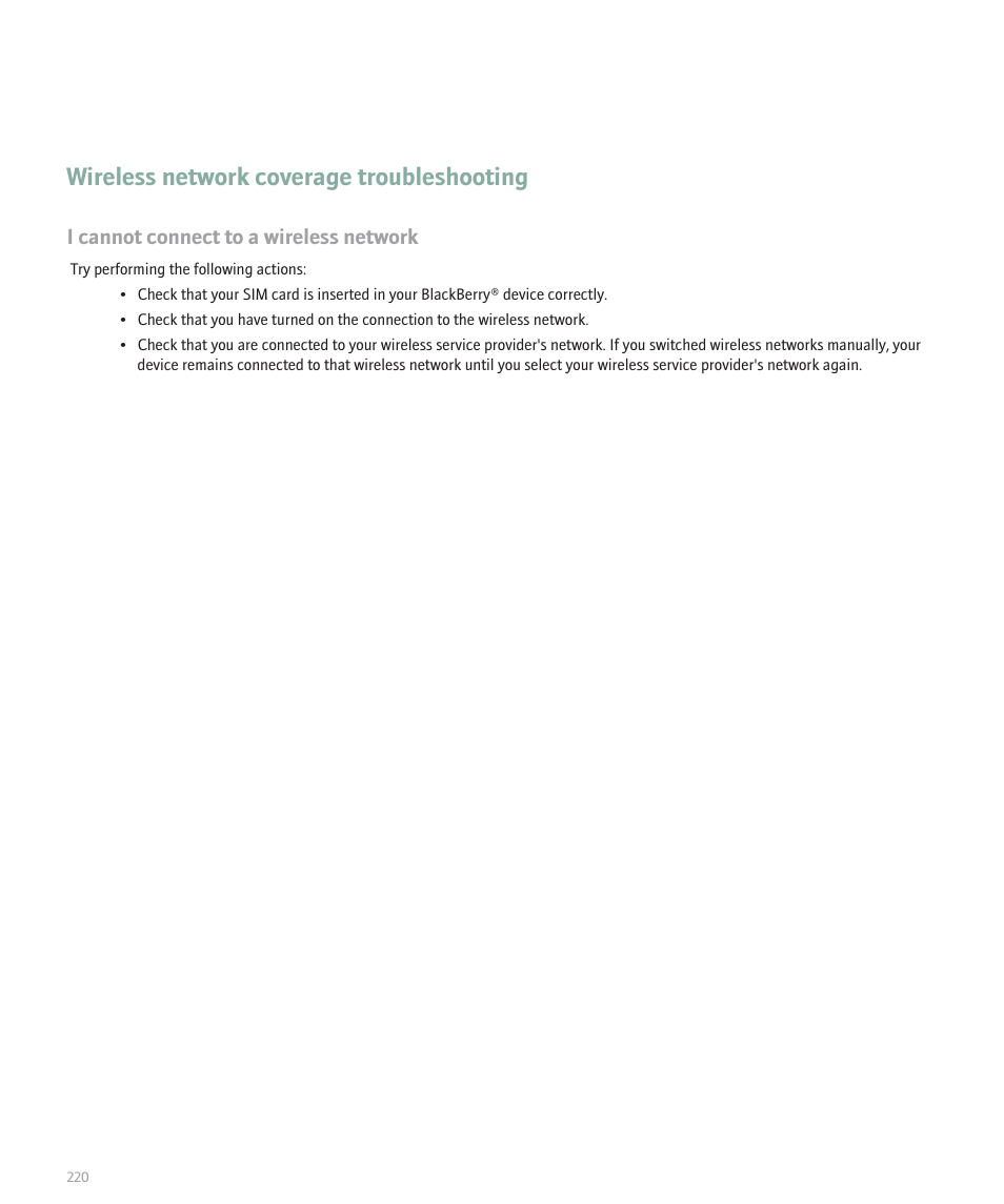 Wireless network coverage troubleshooting, I cannot connect to a wireless network | Blackberry Pearl 8100 User Manual | Page 222 / 283