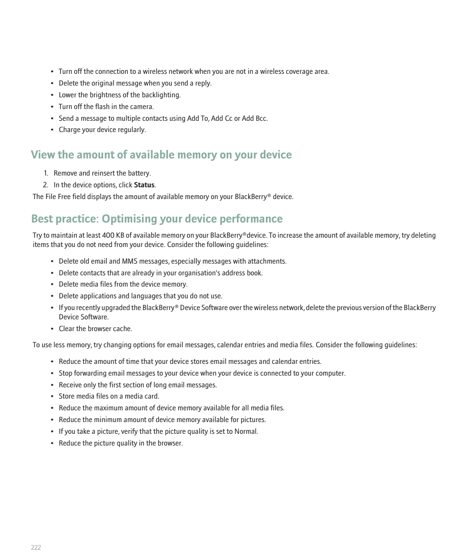 View the amount of available memory on your device, Best practice: optimising your device performance | Blackberry Pearl 8100 User Manual | Page 224 / 283