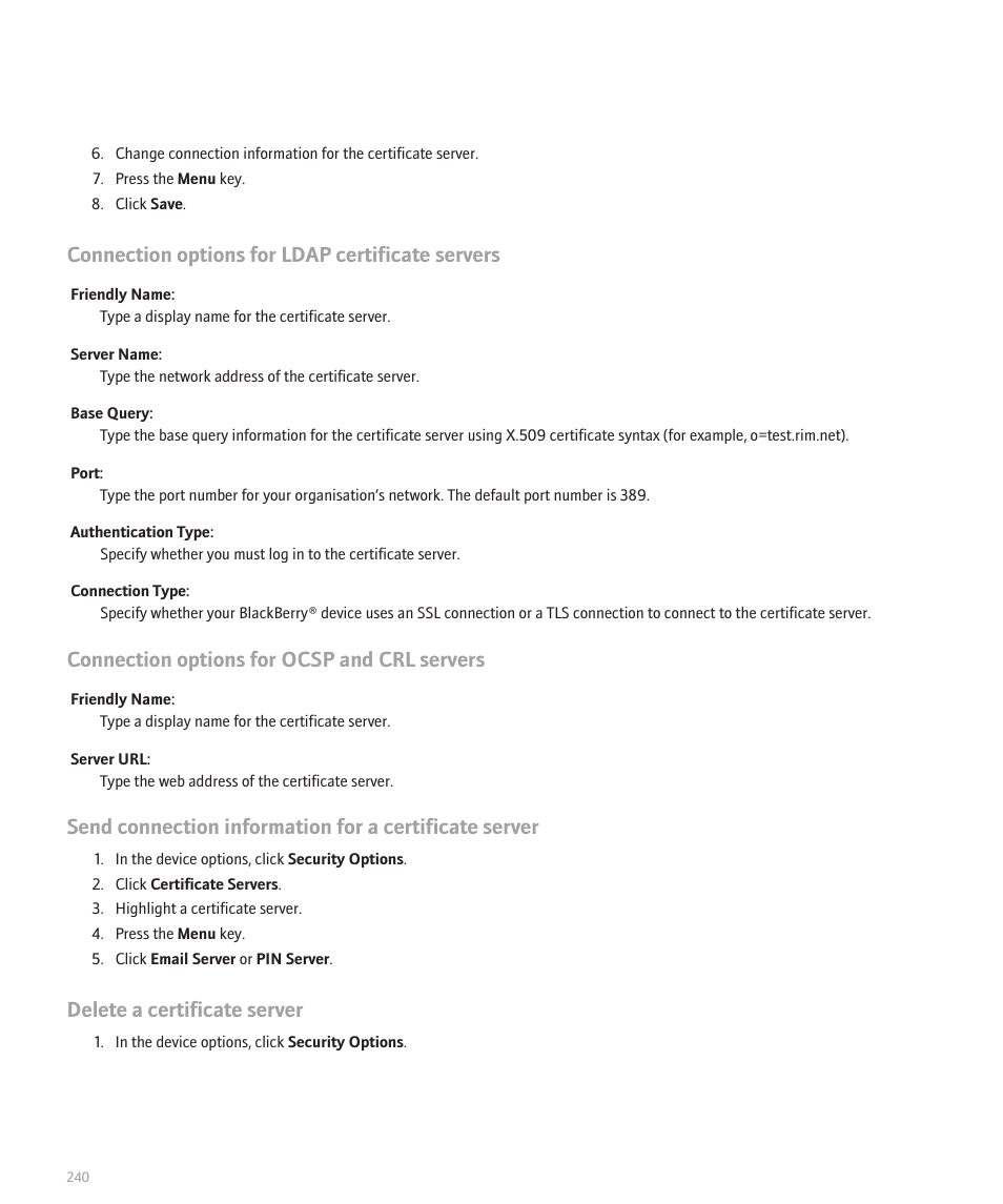 Connection options for ldap certificate servers, Connection options for ocsp and crl servers, Delete a certificate server | Blackberry Pearl 8100 User Manual | Page 242 / 283