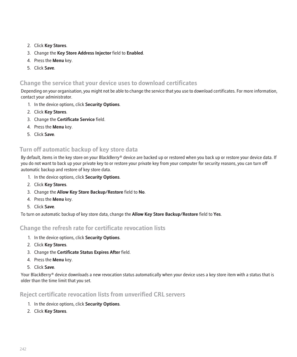 Turn off automatic backup of key store data | Blackberry Pearl 8100 User Manual | Page 244 / 283