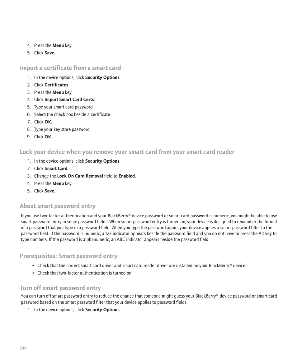 Import a certificate from a smart card, About smart password entry, Prerequisites: smart password entry | Turn off smart password entry | Blackberry Pearl 8100 User Manual | Page 246 / 283