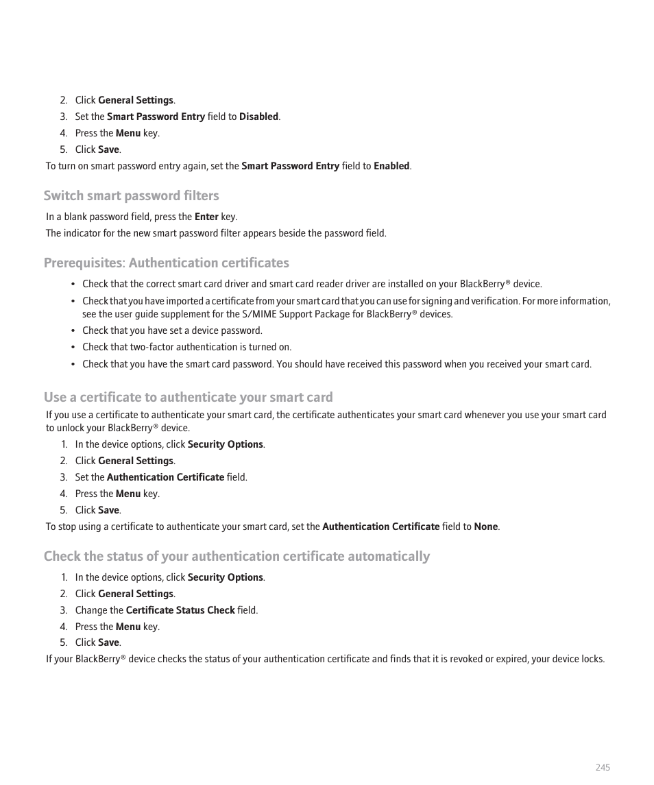 Switch smart password filters, Prerequisites: authentication certificates, Use a certificate to authenticate your smart card | Blackberry Pearl 8100 User Manual | Page 247 / 283