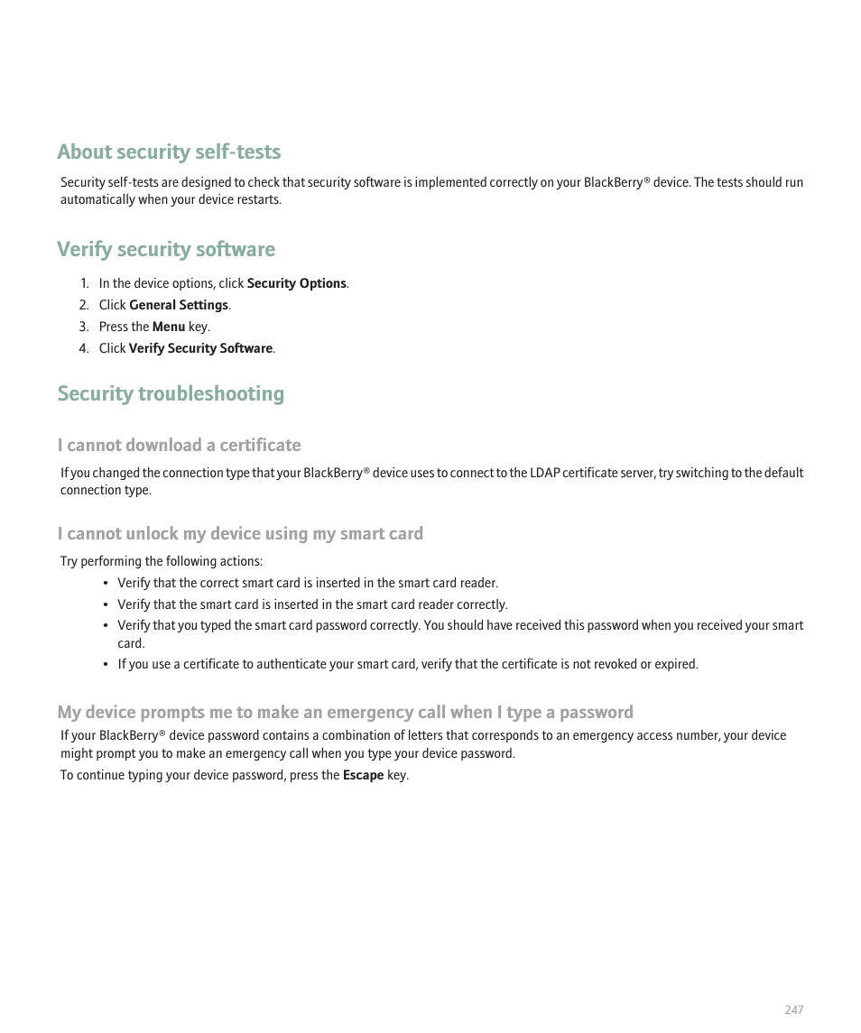 About security self-tests, Verify security software, Security troubleshooting | Blackberry Pearl 8100 User Manual | Page 249 / 283