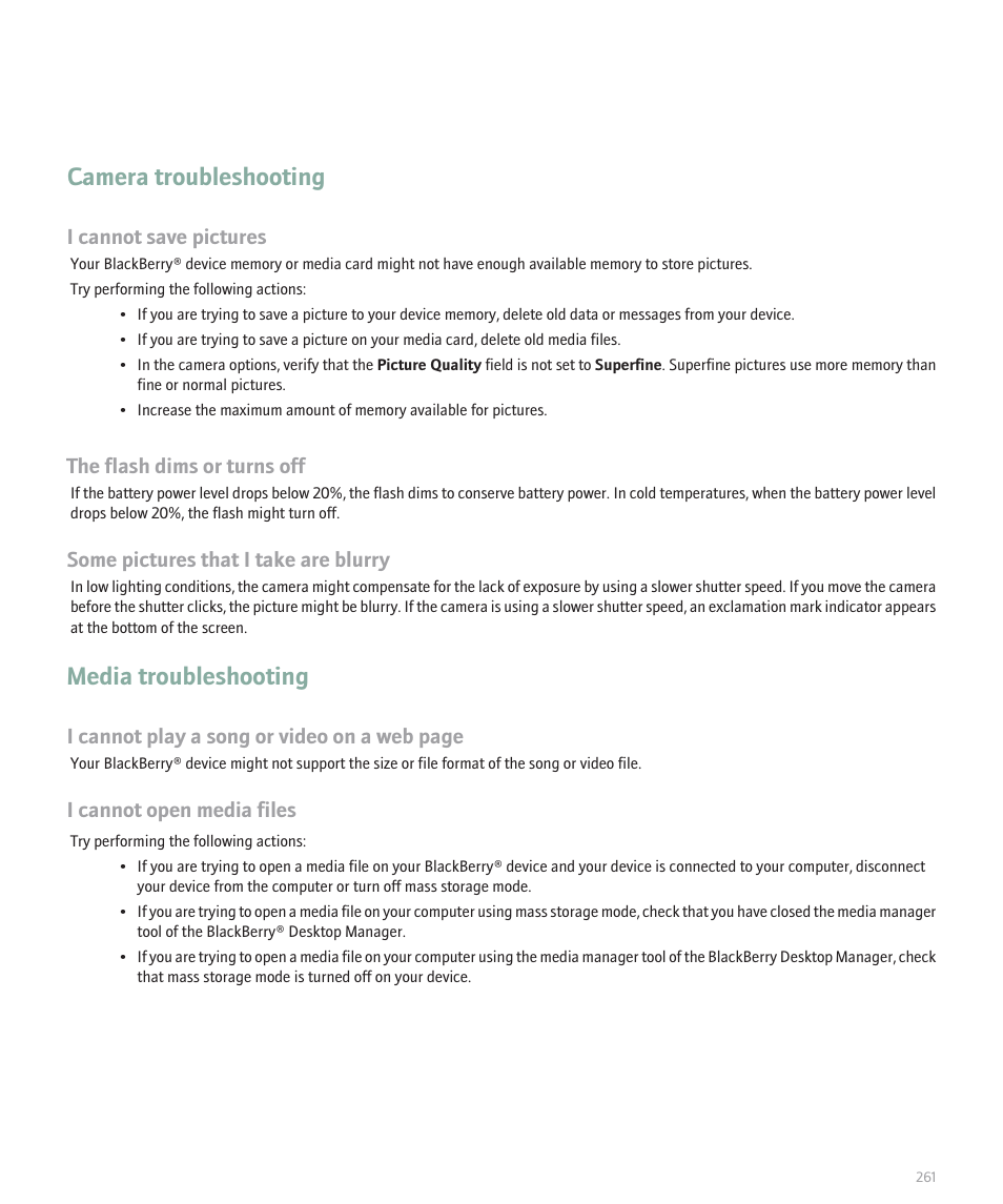 Camera troubleshooting, Media troubleshooting, I cannot save pictures | The flash dims or turns off, Some pictures that i take are blurry, I cannot play a song or video on a web page, I cannot open media files | Blackberry Pearl 8100 User Manual | Page 263 / 283