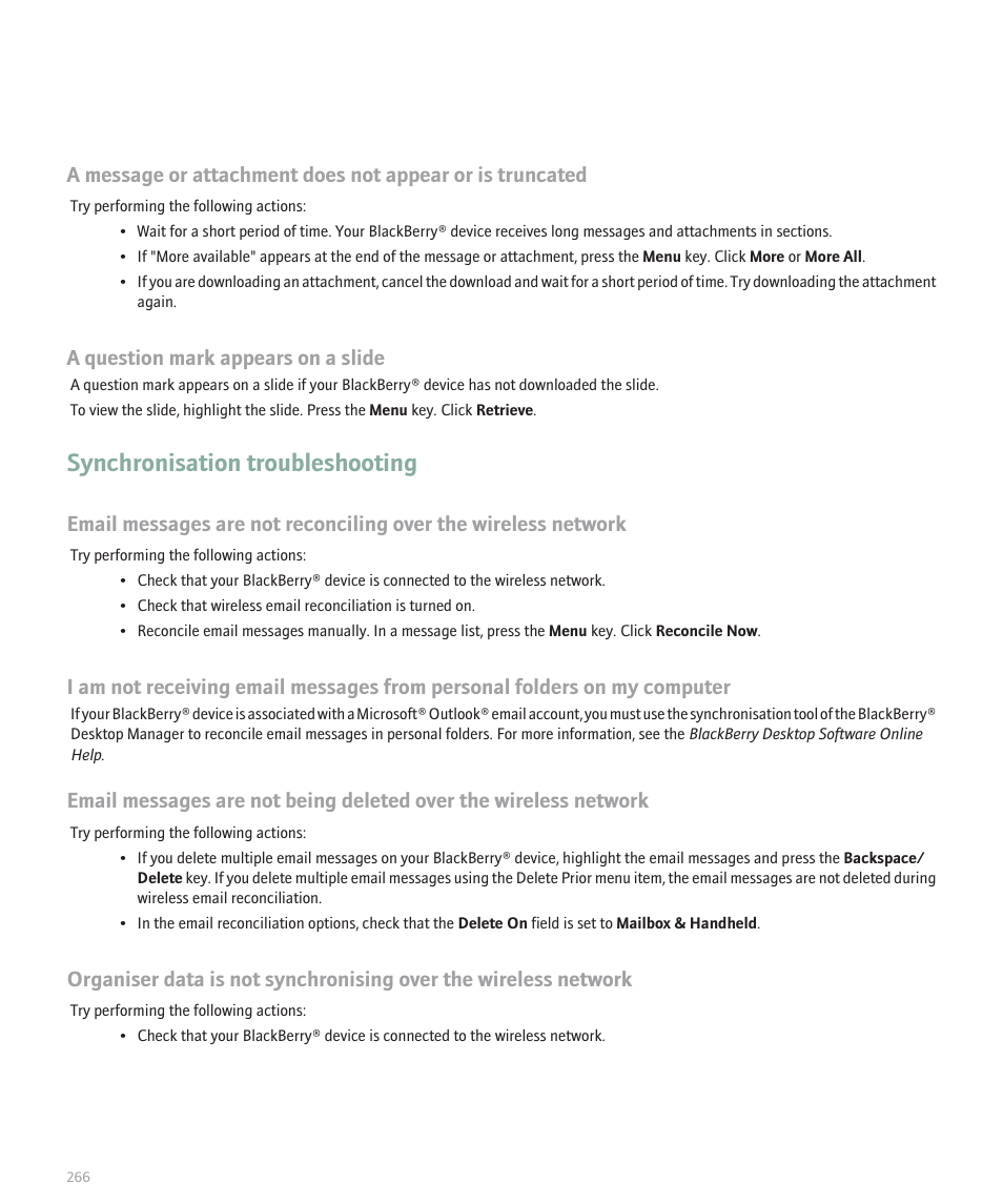 Synchronisation troubleshooting, A question mark appears on a slide | Blackberry Pearl 8100 User Manual | Page 268 / 283