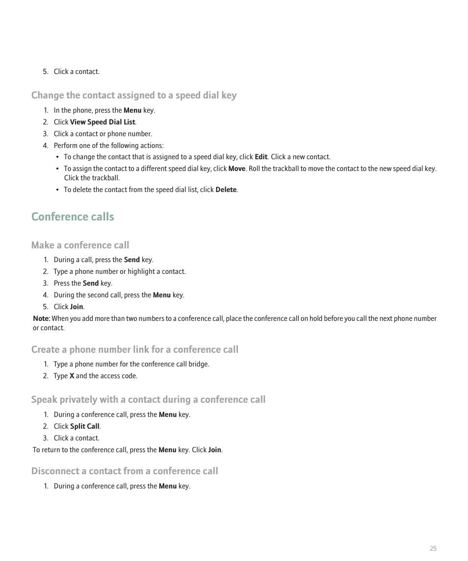 Conference calls, Change the contact assigned to a speed dial key, Make a conference call | Create a phone number link for a conference call, Disconnect a contact from a conference call | Blackberry Pearl 8100 User Manual | Page 27 / 283