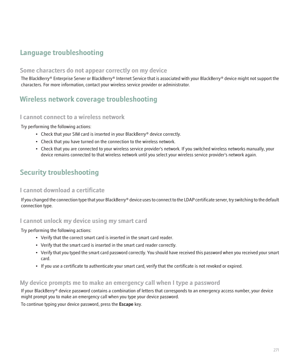 Language troubleshooting, Wireless network coverage troubleshooting, Security troubleshooting | Blackberry Pearl 8100 User Manual | Page 273 / 283