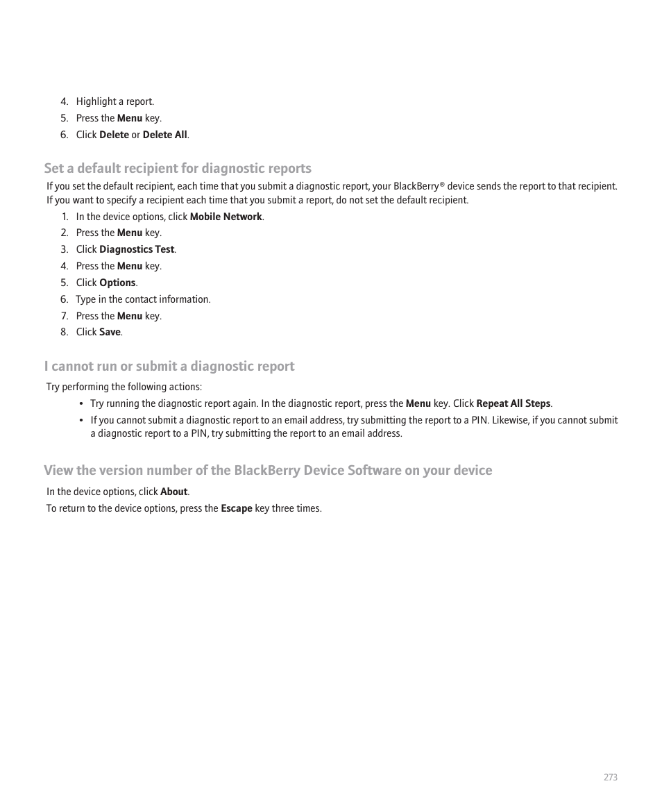 Set a default recipient for diagnostic reports, I cannot run or submit a diagnostic report | Blackberry Pearl 8100 User Manual | Page 275 / 283