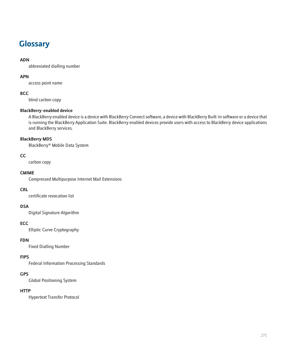 Glossary | Blackberry Pearl 8100 User Manual | Page 277 / 283