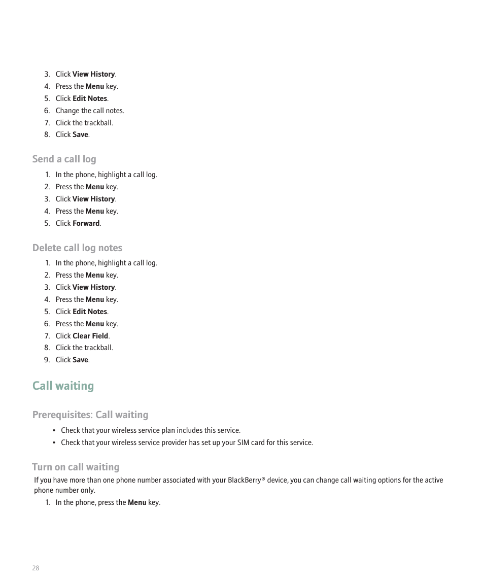 Call waiting, Send a call log, Prerequisites: call waiting | Turn on call waiting | Blackberry Pearl 8100 User Manual | Page 30 / 283