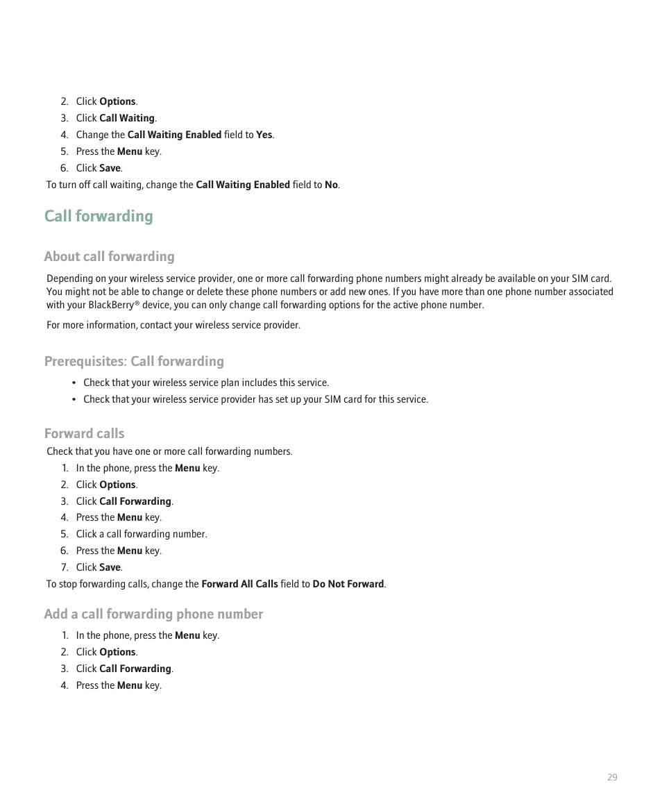 Call forwarding, About call forwarding, Prerequisites: call forwarding | Forward calls, Add a call forwarding phone number | Blackberry Pearl 8100 User Manual | Page 31 / 283