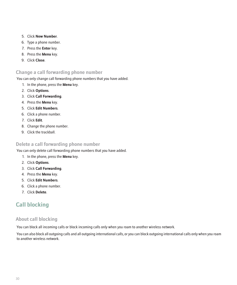 Call blocking, Change a call forwarding phone number, Delete a call forwarding phone number | About call blocking | Blackberry Pearl 8100 User Manual | Page 32 / 283