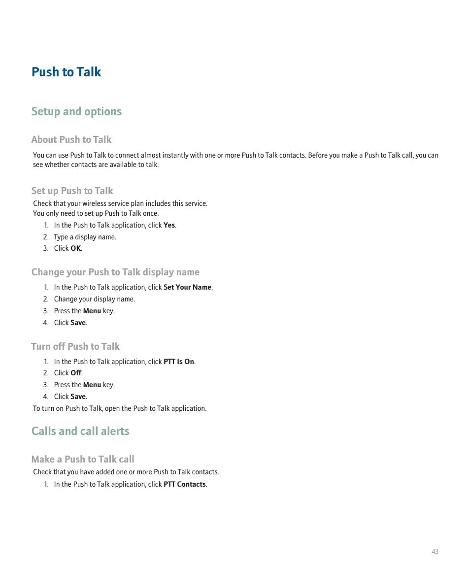 Push to talk, Setup and options, Calls and call alerts | Blackberry Pearl 8100 User Manual | Page 45 / 283