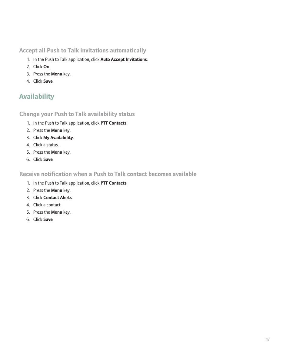 Availability, Accept all push to talk invitations automatically, Change your push to talk availability status | Blackberry Pearl 8100 User Manual | Page 49 / 283