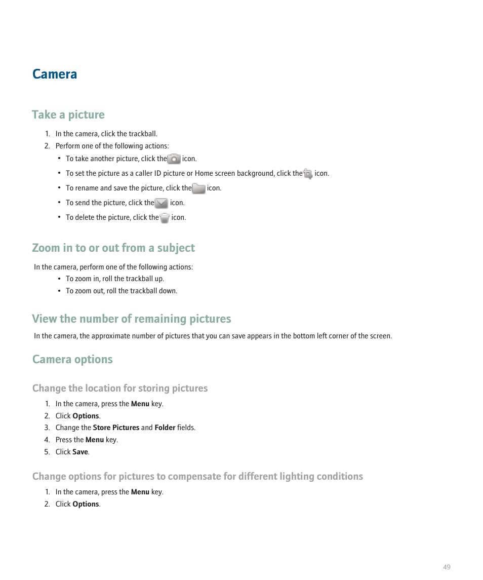 Camera, Take a picture, Zoom in to or out from a subject | View the number of remaining pictures, Camera options, Change the location for storing pictures | Blackberry Pearl 8100 User Manual | Page 51 / 283