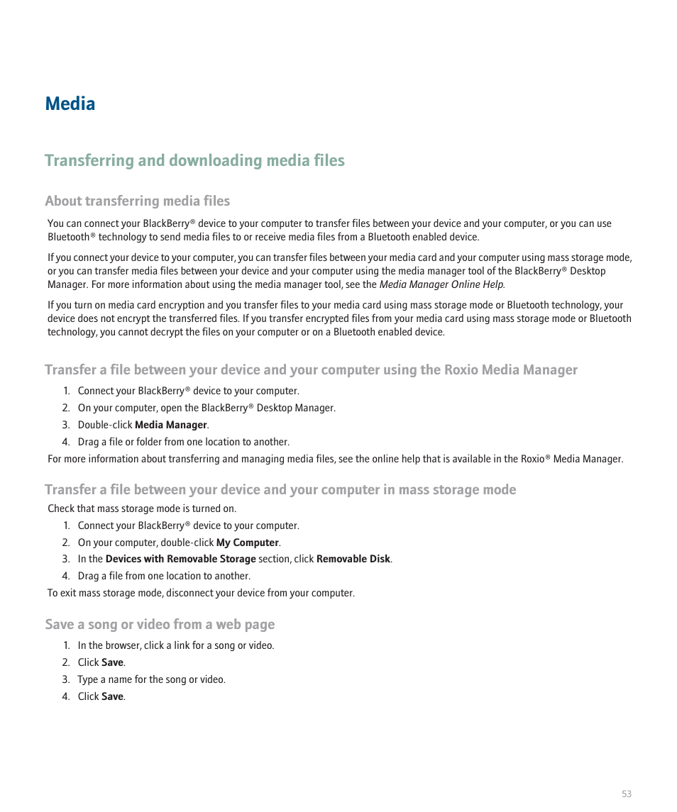 Media, Transferring and downloading media files, About transferring media files | Save a song or video from a web page | Blackberry Pearl 8100 User Manual | Page 55 / 283