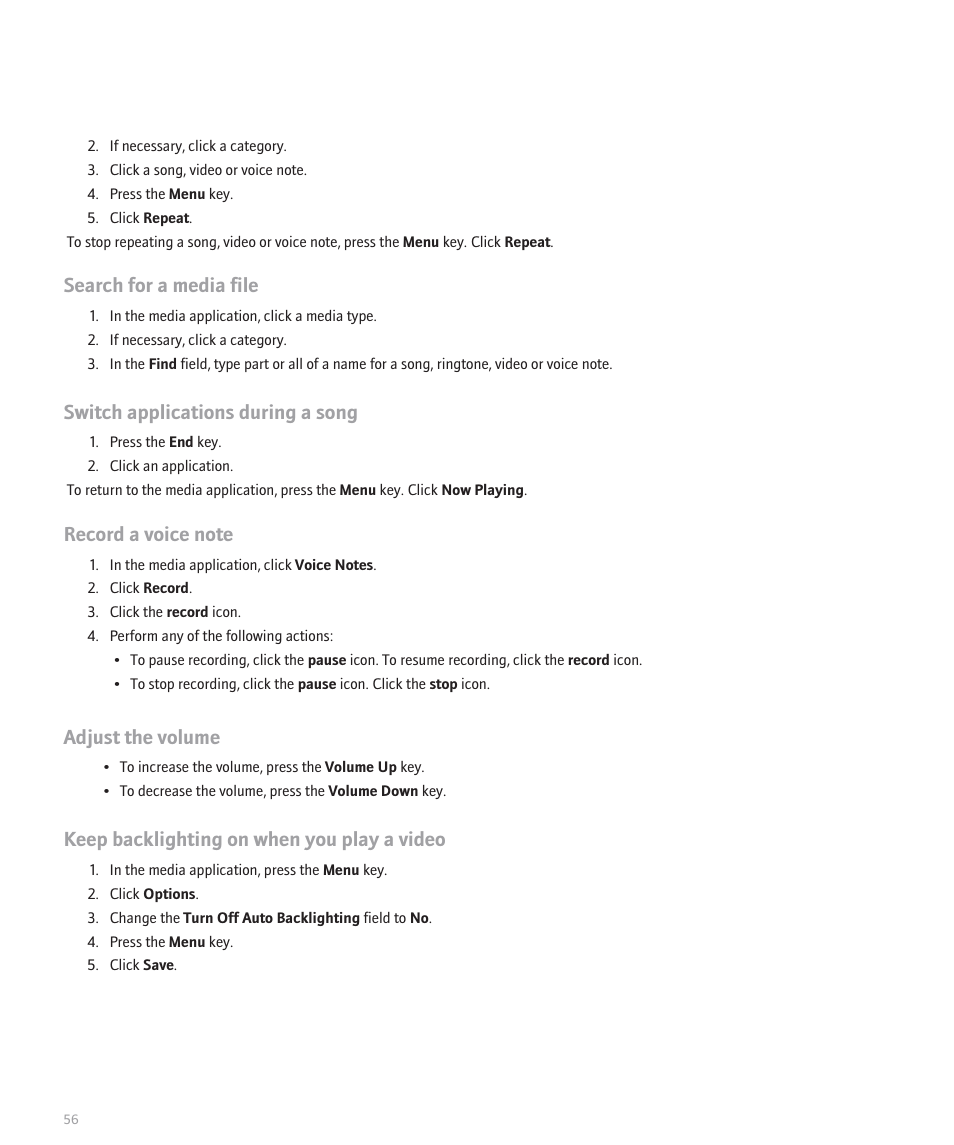 Search for a media file, Switch applications during a song, Adjust the volume | Keep backlighting on when you play a video | Blackberry Pearl 8100 User Manual | Page 58 / 283