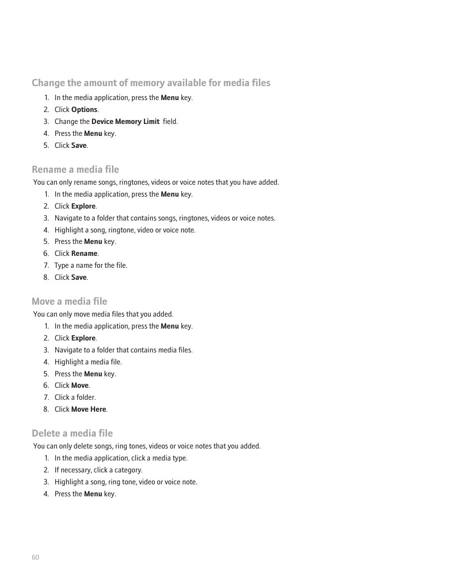 Rename a media file, Move a media file, Delete a media file | Blackberry Pearl 8100 User Manual | Page 62 / 283
