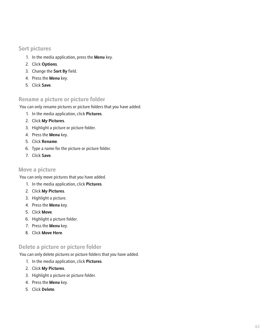 Sort pictures, Rename a picture or picture folder, Move a picture | Delete a picture or picture folder | Blackberry Pearl 8100 User Manual | Page 65 / 283