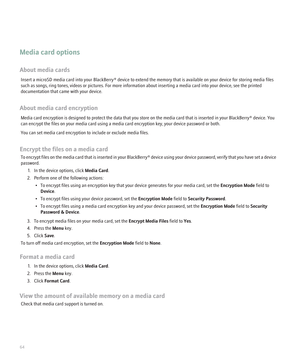 Media card options, About media cards, About media card encryption | Encrypt the files on a media card, Format a media card | Blackberry Pearl 8100 User Manual | Page 66 / 283